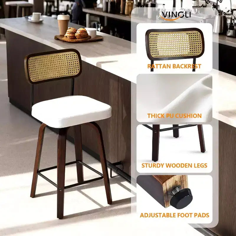 VINGLI Tabouret de bar moderne 66 cm H, pivotant à 360° en cuir PU, tabourets de bar à pieds en bois massif pour îlot de cuisine et bar à la maison