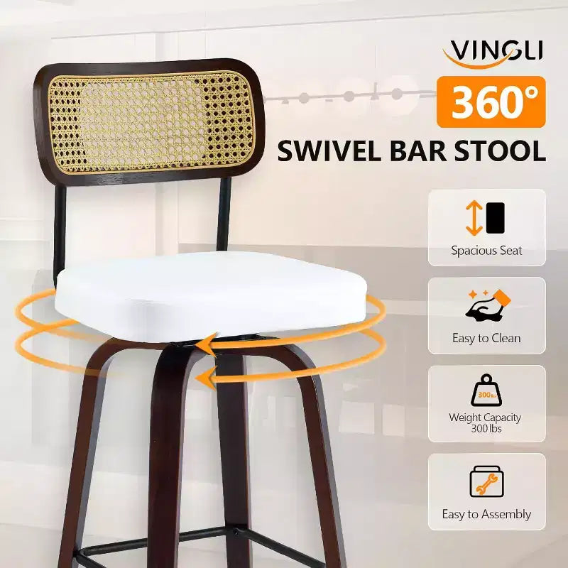 VINGLI Tabouret de bar moderne 66 cm H, pivotant à 360° en cuir PU, tabourets de bar à pieds en bois massif pour îlot de cuisine et bar à la maison