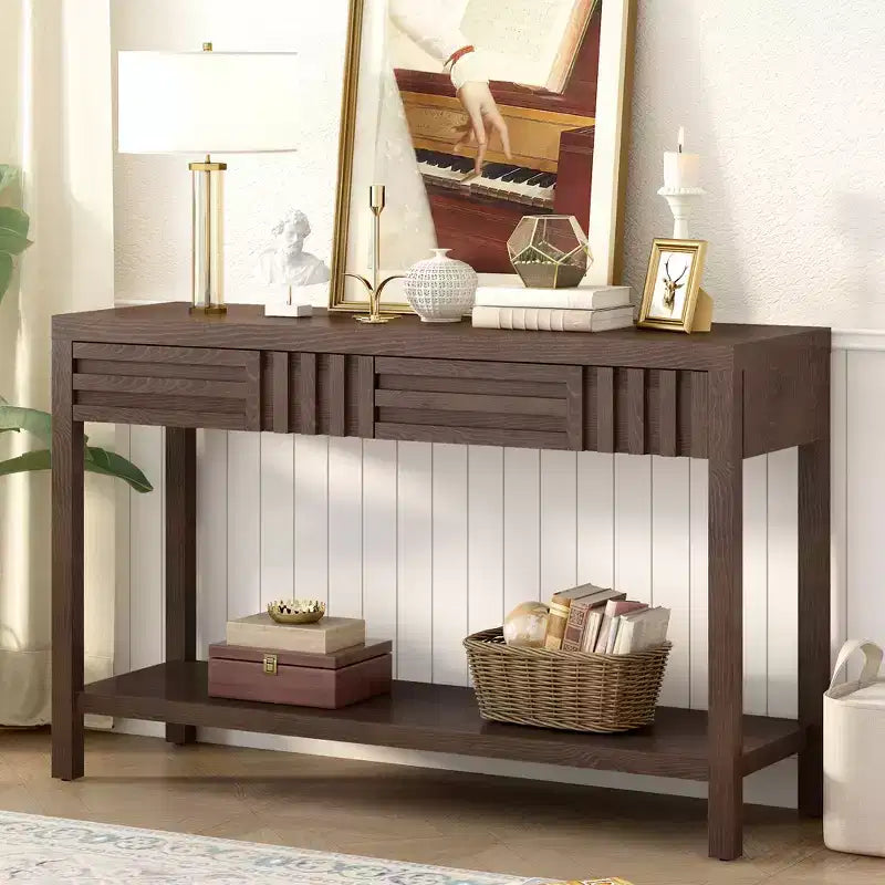Console en bois avec rangement, table d'entrée moderne avec motif rayé pour salon et bureau