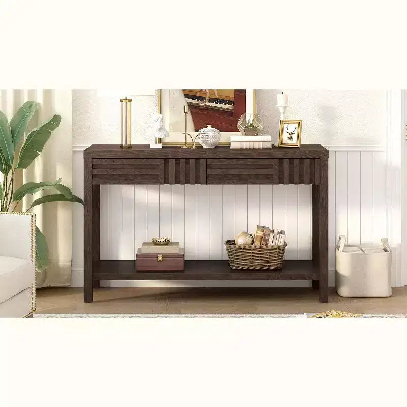 Console en bois avec rangement, table d'entrée moderne avec motif rayé pour salon et bureau