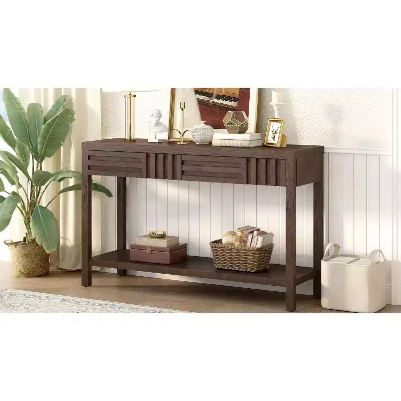 Console en bois avec rangement, table d'entrée moderne avec motif rayé pour salon et bureau