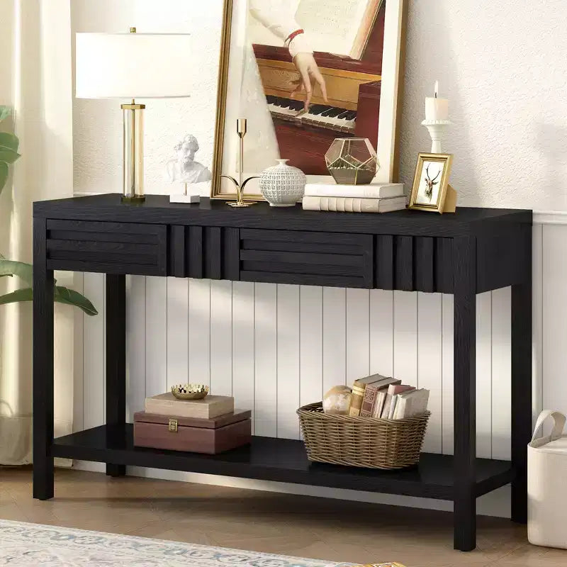 Console en bois avec rangement, table d'entrée moderne avec motif rayé pour salon et bureau