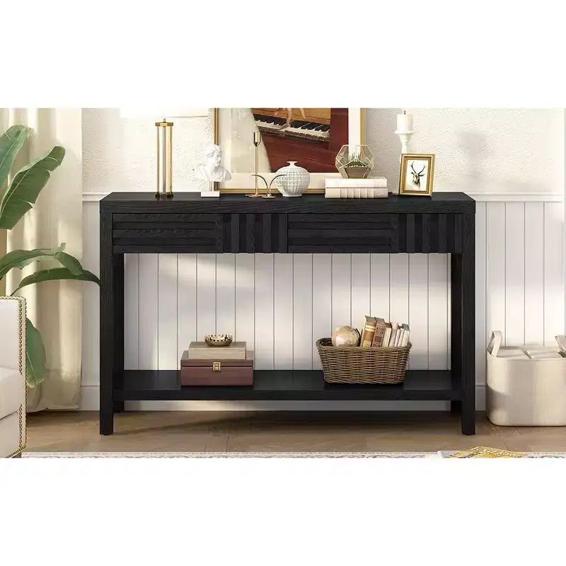 Console en bois avec rangement, table d'entrée moderne avec motif rayé pour salon et bureau