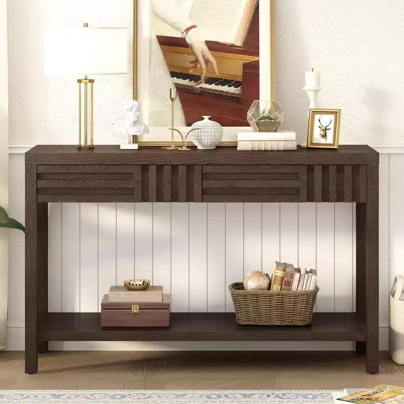 Console en bois avec rangement, table d'entrée moderne avec motif rayé pour salon et bureau