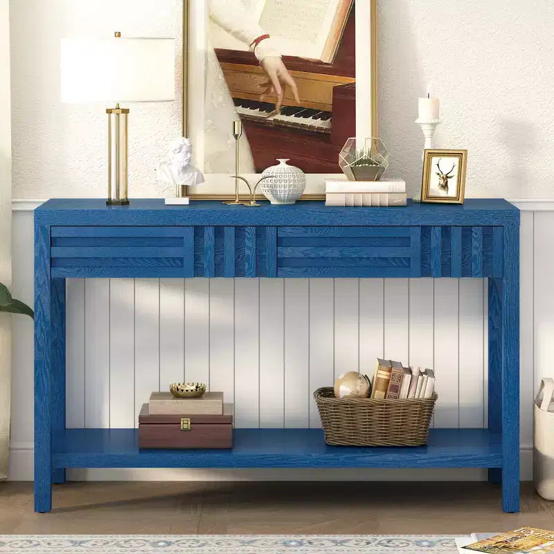 Console en bois avec rangement, table d'entrée moderne avec motif rayé pour salon et bureau