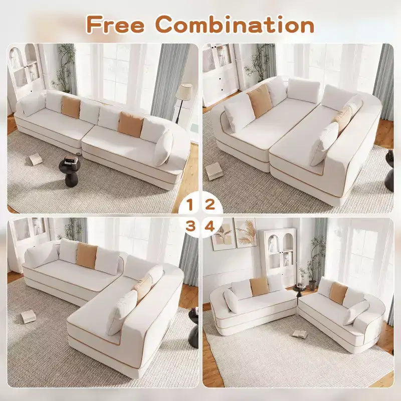 Canapé 4 places 135 cm en tissu Teddy sans assemblage, éponge haute densité 32D, canapé sans structure moelleux et confortable, canapé surdimensionné pour salon, blanc