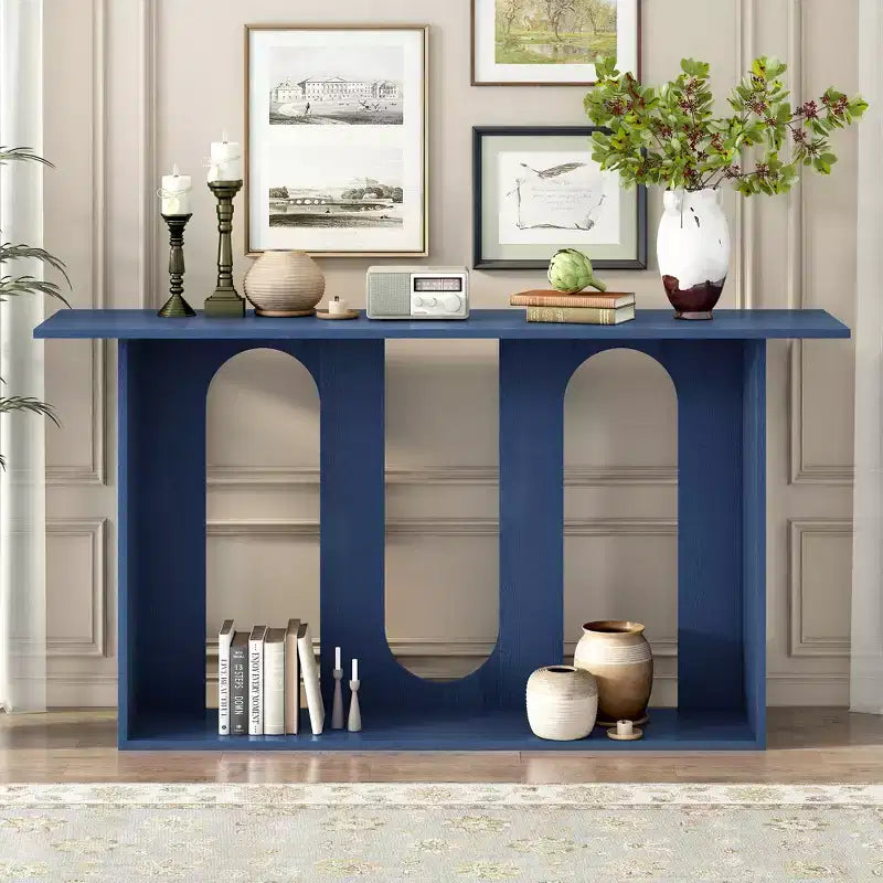 Console incurvée en bois avec étagère, table d'entrée moderne avec placage de frêne conçue pour l'entrée et le couloir