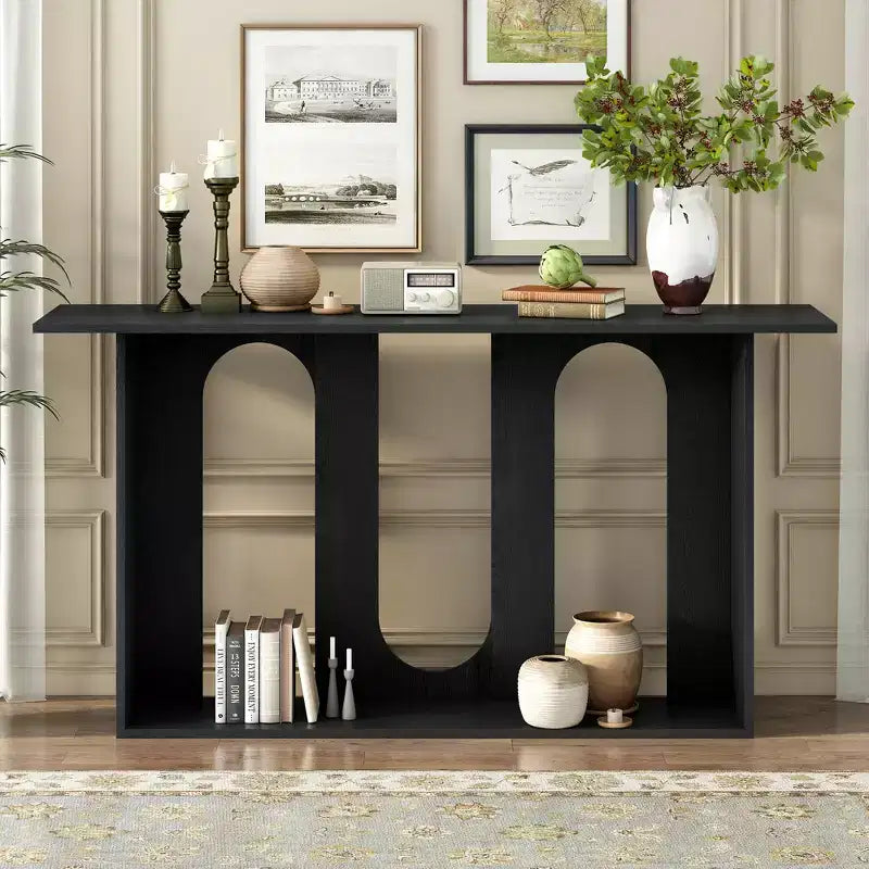 Console incurvée en bois avec étagère, table d'entrée moderne avec placage de frêne conçue pour l'entrée et le couloir
