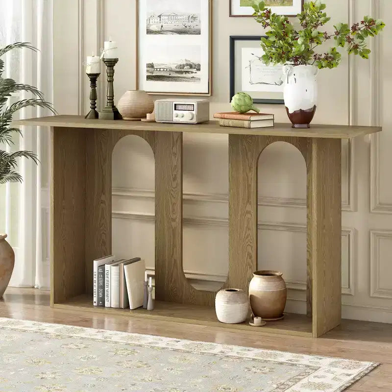 Console incurvée en bois avec étagère, table d'entrée moderne avec placage de frêne conçue pour l'entrée et le couloir