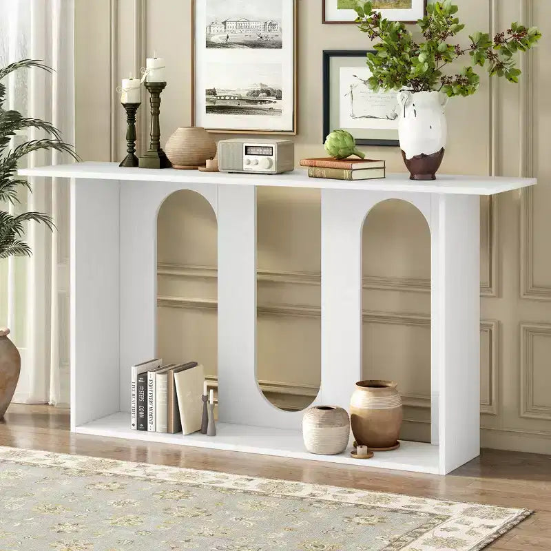 Console incurvée en bois avec étagère, table d'entrée moderne avec placage de frêne conçue pour l'entrée et le couloir