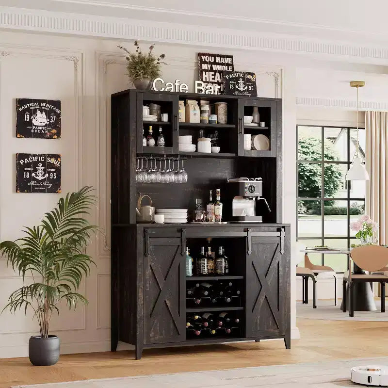 70'' Tall Wine and Coffee Bar Cabinet with Storage Hutch, Sliding Barn Doors, Bottle and Glass Rack for Kitchen Pantry or Home Dining Room Use