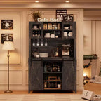 Meuble de bar à vin et café de 178 cm de haut avec armoire de rangement, portes coulissantes de style grange, support pour bouteilles et verres, idéal pour garde-manger de cuisine ou salle à manger.