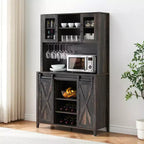 Meuble de bar à vin et café de 178 cm de haut avec armoire de rangement, portes coulissantes de style grange, support pour bouteilles et verres, idéal pour garde-manger de cuisine ou salle à manger.