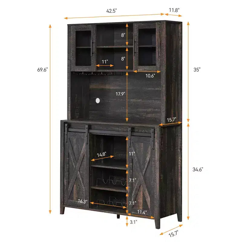 Meuble de bar à vin et café de 178 cm de haut avec armoire de rangement, portes coulissantes de style grange, support pour bouteilles et verres, idéal pour garde-manger de cuisine ou salle à manger.