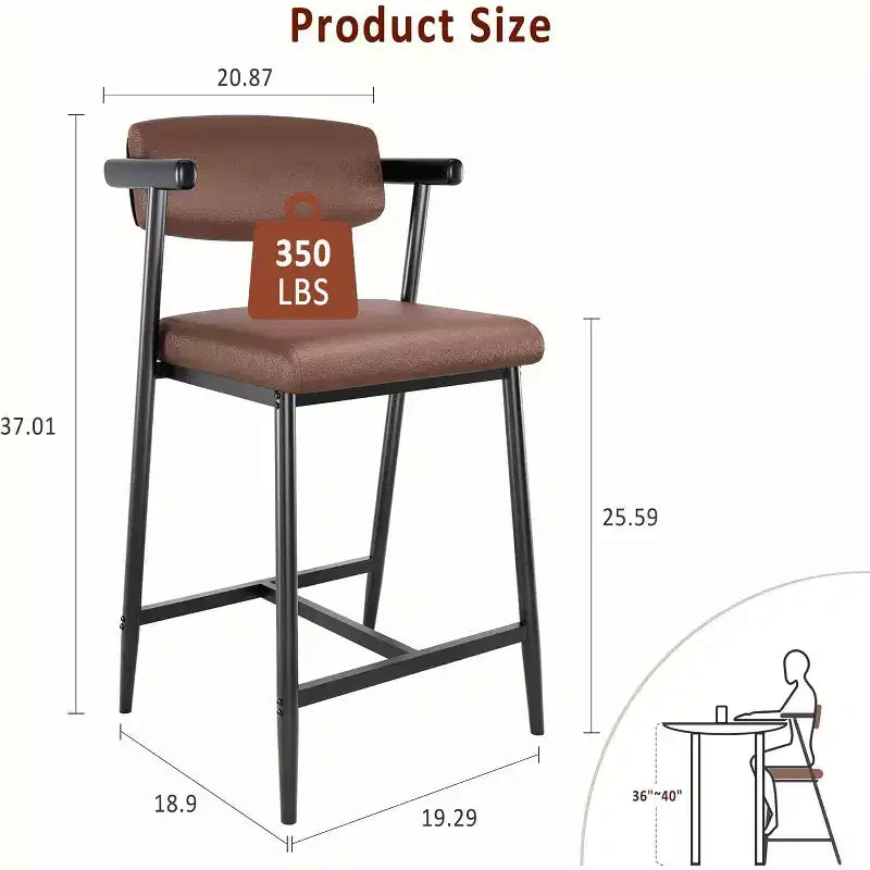 Lot de 2 tabourets de bar rembourrés de 26 po avec accoudoirs et dossier, tabourets de bar modernes avec repose-pieds pour îlot de cuisine