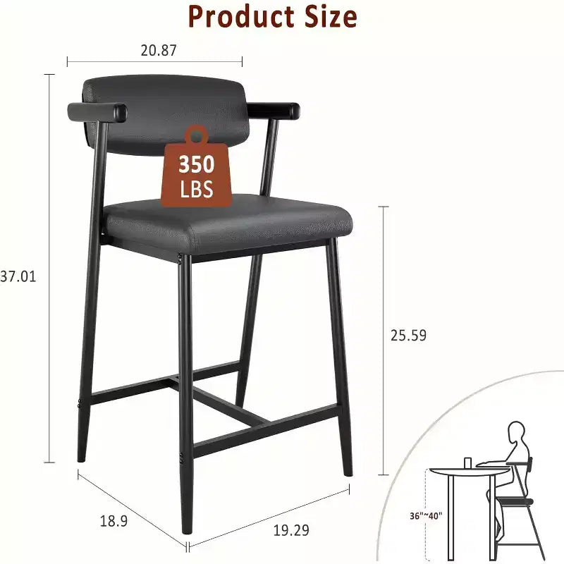 Lot de 2 tabourets de bar rembourrés de 26 po avec accoudoirs et dossier, tabourets de bar modernes avec repose-pieds pour îlot de cuisine