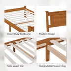 Cadre de lit double VINGLI en bois massif, sommier tapissier avec lattes en bois, marron