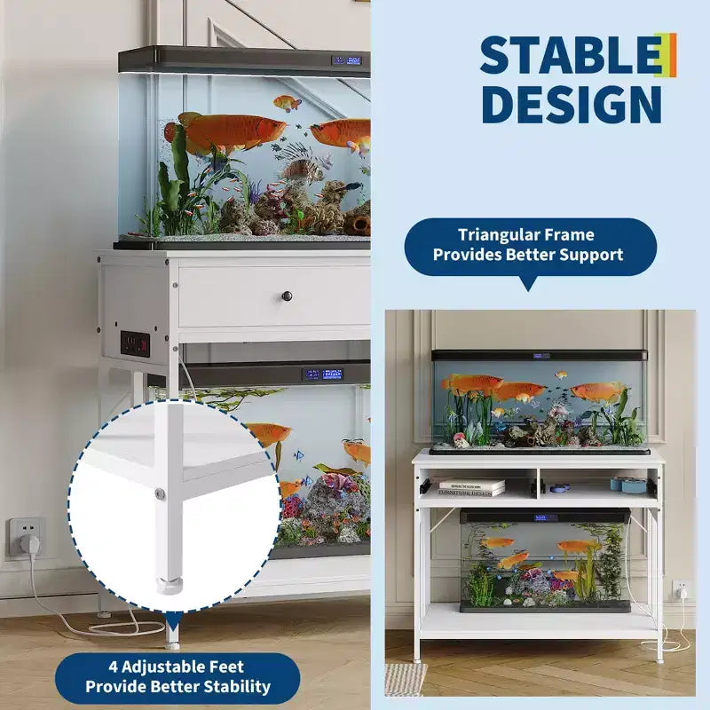 Meuble de support pour aquarium de 150-190 litres avec prises de courant, support d'aquarium à cadre métallique avec tiroirs de rangement, hauteur réglable, capacité de 300 kg