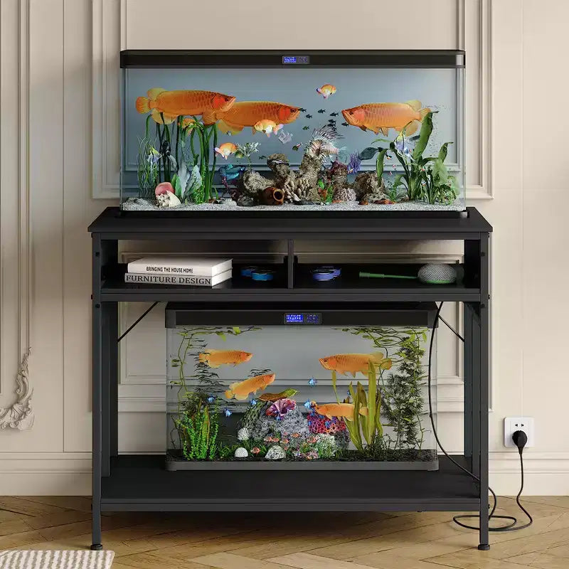 Meuble de support pour aquarium de 150-190 litres avec prises de courant, support d'aquarium à cadre métallique avec tiroirs de rangement, hauteur réglable, capacité de 300 kg
