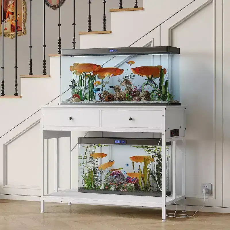 Meuble de support pour aquarium de 150-190 litres avec prises de courant, support d'aquarium à cadre métallique avec tiroirs de rangement, hauteur réglable, capacité de 300 kg