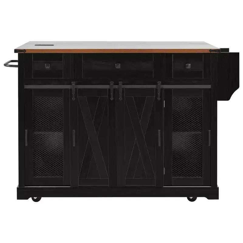 Whisen 58 Îlot de cuisine avec rangement, porte coulissante de style grange et porte latérale en grille métallique, étagère à épices