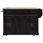 Whisen 58 Îlot de cuisine avec rangement, porte coulissante de style grange et porte latérale en grille métallique, étagère à épices