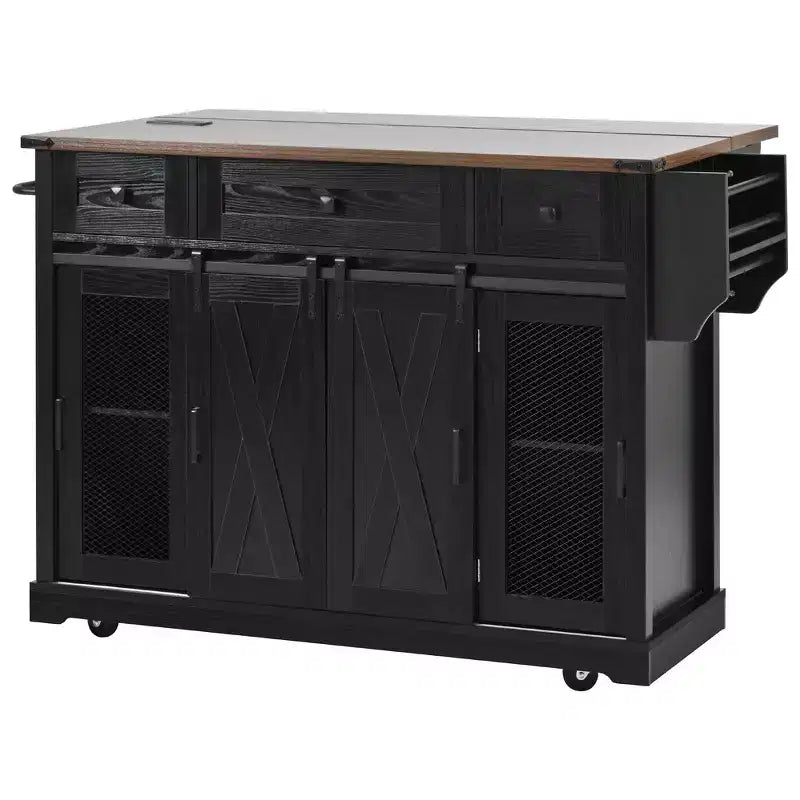 Whisen 58 Îlot de cuisine avec rangement, porte coulissante de style grange et porte latérale en grille métallique, étagère à épices
