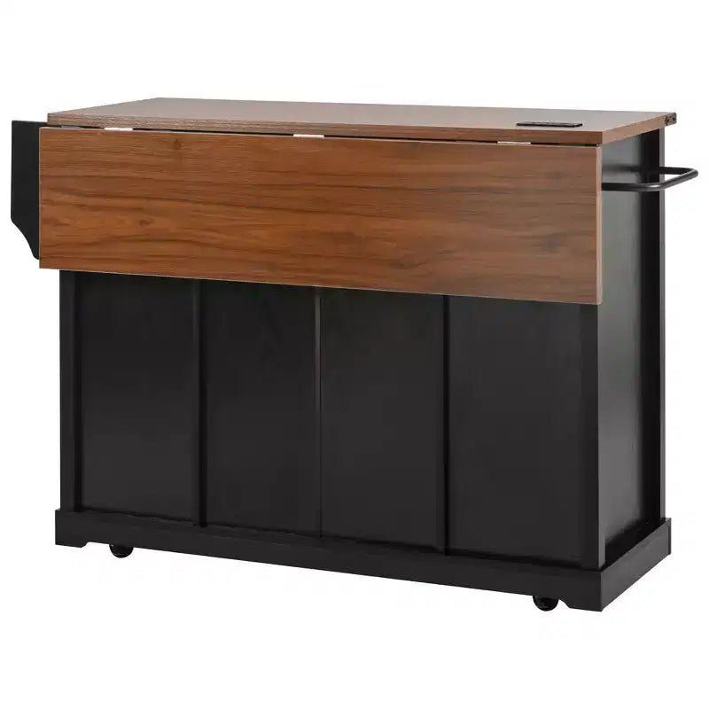 Whisen 58 Îlot de cuisine avec rangement, porte coulissante de style grange et porte latérale en grille métallique, étagère à épices