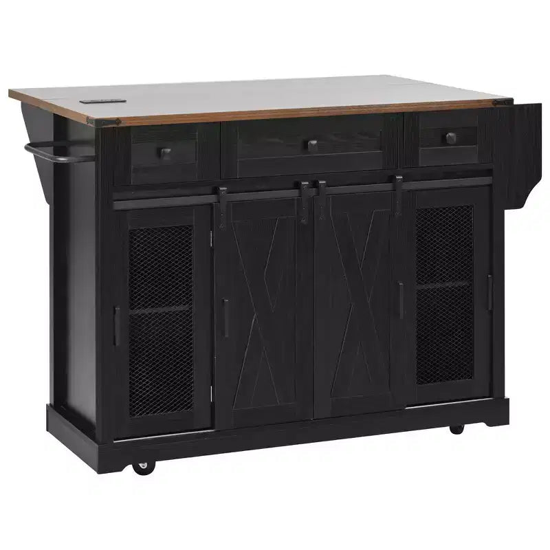 Whisen 58 Îlot de cuisine avec rangement, porte coulissante de style grange et porte latérale en grille métallique, étagère à épices