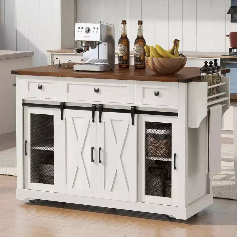 Whisen 58 Îlot de cuisine avec rangement, porte coulissante de style grange et porte latérale en grille métallique, étagère à épices
