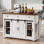 Whisen 58 Îlot de cuisine avec rangement, porte coulissante de style grange et porte latérale en grille métallique, étagère à épices