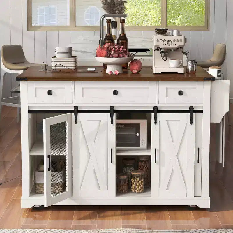 Whisen 58 Îlot de cuisine avec rangement, porte coulissante de style grange et porte latérale en grille métallique, étagère à épices