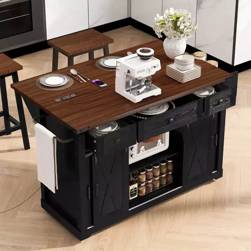 Whisen 58 Îlot de cuisine avec rangement, porte coulissante de style grange et porte latérale en grille métallique, étagère à épices