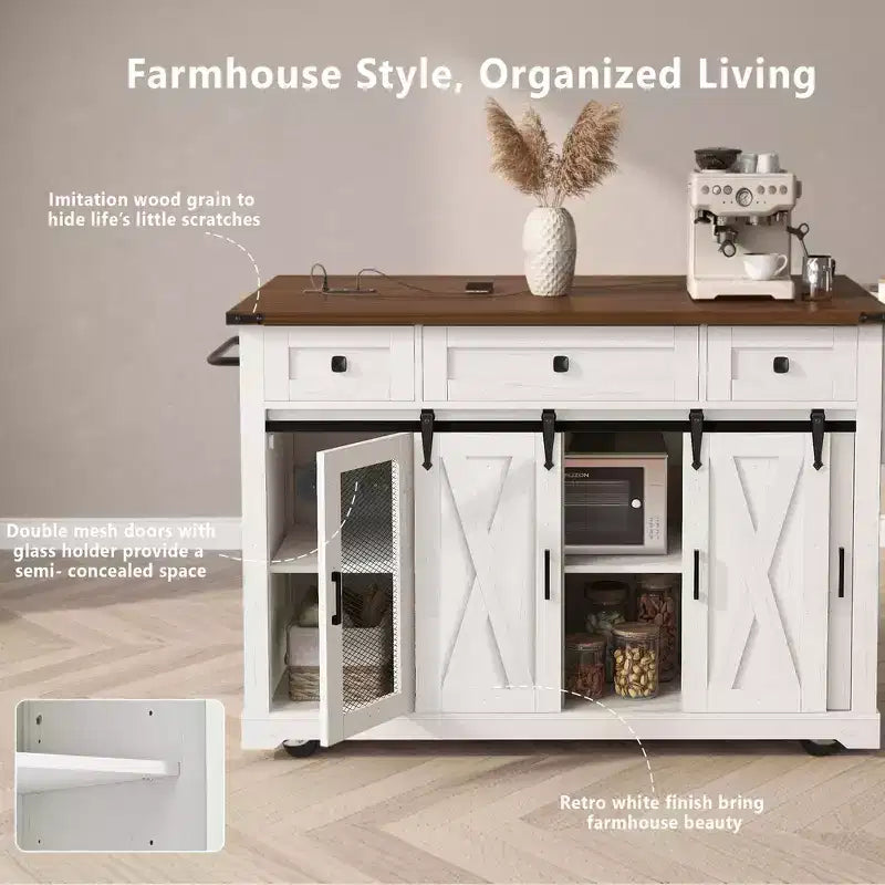 Whisen 58 Îlot de cuisine avec rangement, porte coulissante de style grange et porte latérale en grille métallique, étagère à épices