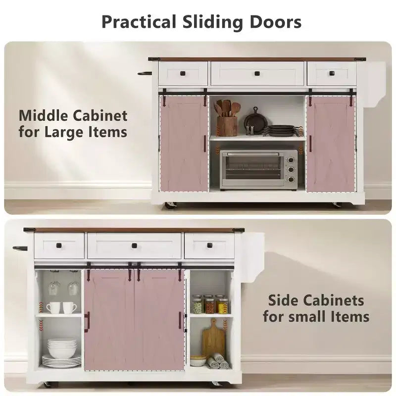 Whisen 58 Îlot de cuisine avec rangement, porte coulissante de style grange et porte latérale en grille métallique, étagère à épices