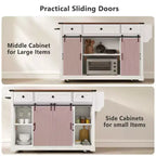 Whisen 58 Îlot de cuisine avec rangement, porte coulissante de style grange et porte latérale en grille métallique, étagère à épices