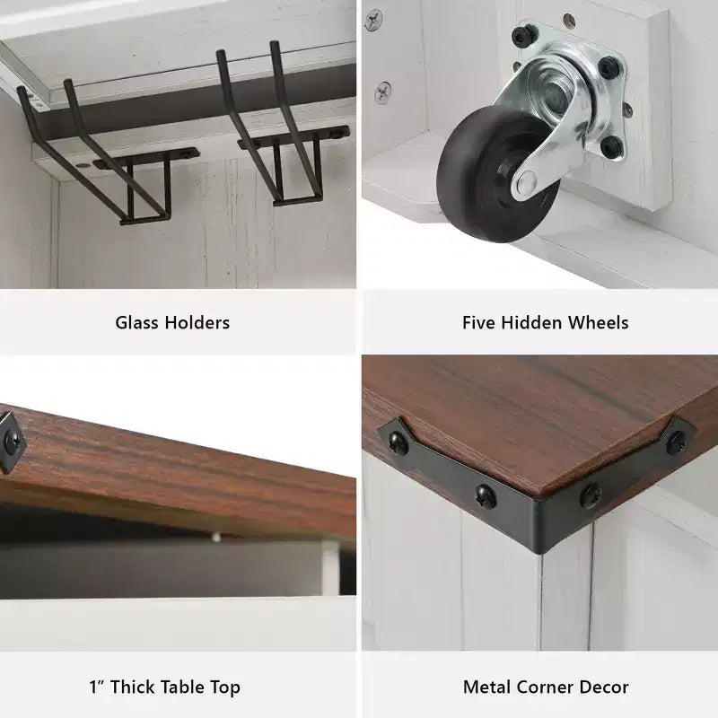 Whisen 58 Îlot de cuisine avec rangement, porte coulissante de style grange et porte latérale en grille métallique, étagère à épices