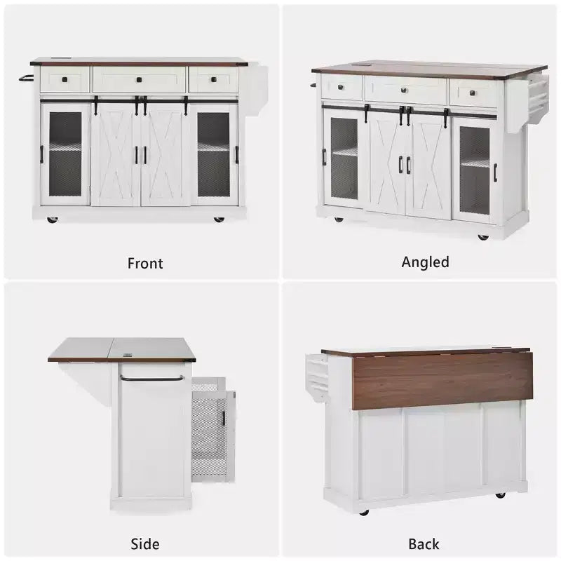 Whisen 58 Îlot de cuisine avec rangement, porte coulissante de style grange et porte latérale en grille métallique, étagère à épices