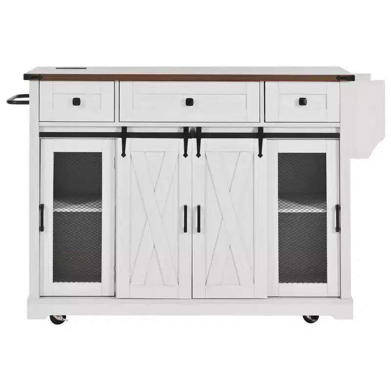 Whisen 58 Îlot de cuisine avec rangement, porte coulissante de style grange et porte latérale en grille métallique, étagère à épices
