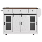 Whisen 58 Îlot de cuisine avec rangement, porte coulissante de style grange et porte latérale en grille métallique, étagère à épices