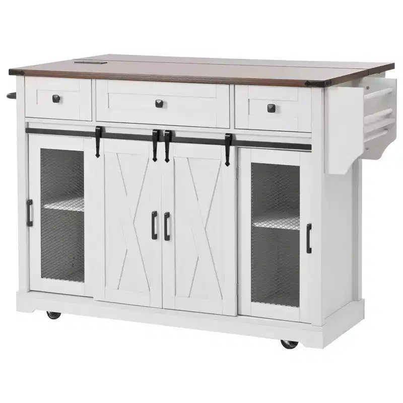Whisen 58 Îlot de cuisine avec rangement, porte coulissante de style grange et porte latérale en grille métallique, étagère à épices