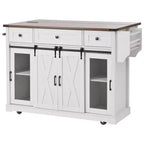 Whisen 58 Îlot de cuisine avec rangement, porte coulissante de style grange et porte latérale en grille métallique, étagère à épices