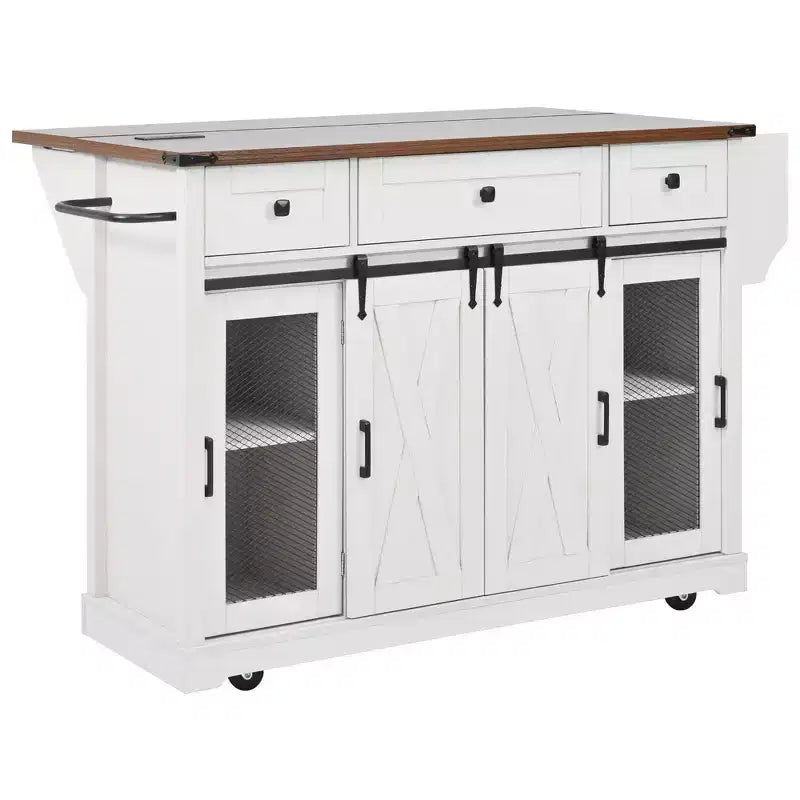 Whisen 58 Îlot de cuisine avec rangement, porte coulissante de style grange et porte latérale en grille métallique, étagère à épices