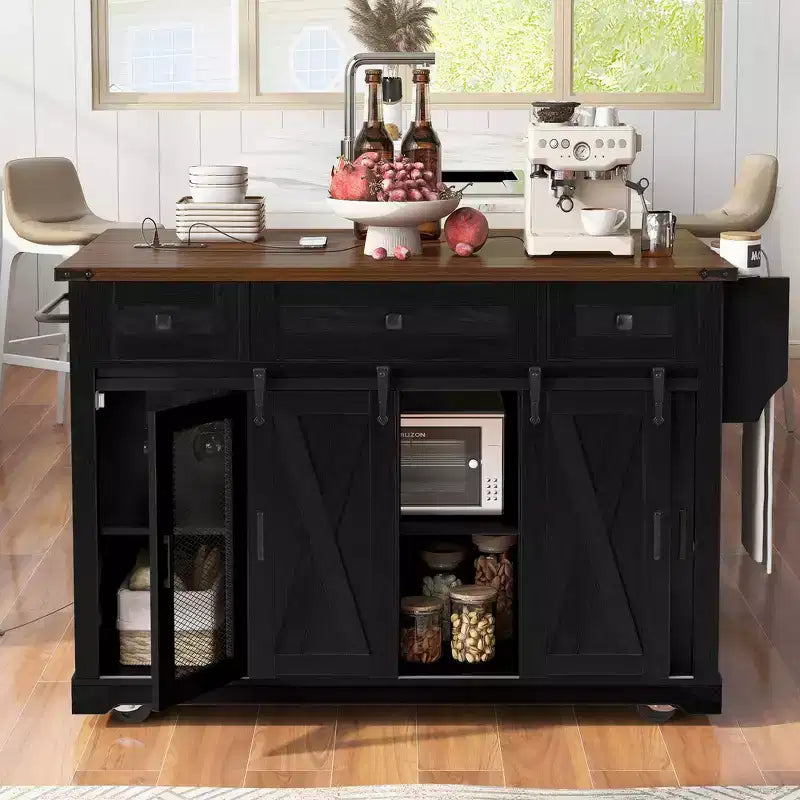 Whisen 58 Îlot de cuisine avec rangement, porte coulissante de style grange et porte latérale en grille métallique, étagère à épices