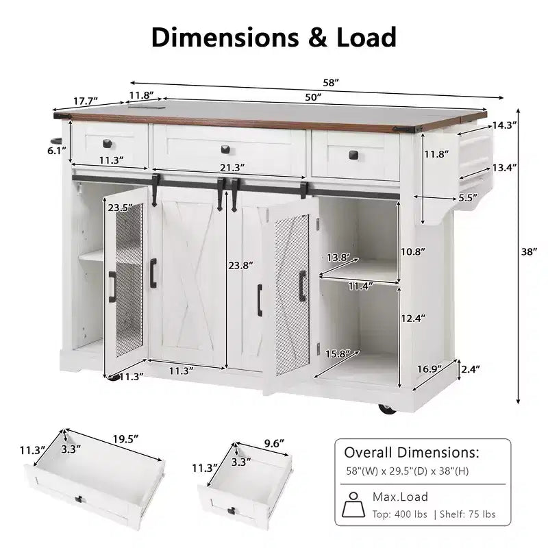 Whisen 58 Îlot de cuisine avec rangement, porte coulissante de style grange et porte latérale en grille métallique, étagère à épices