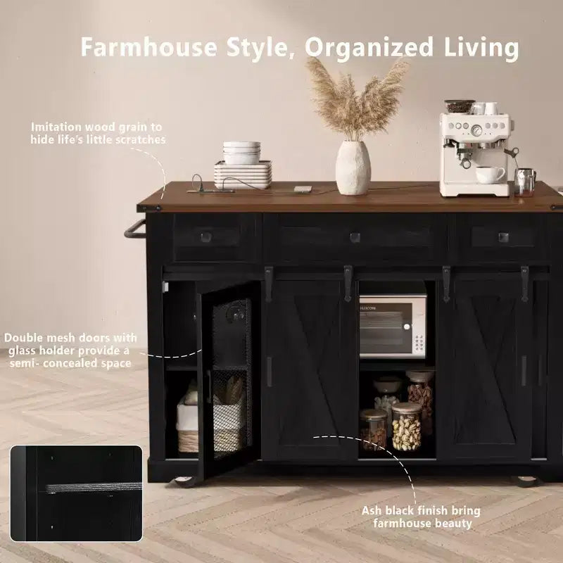 Whisen 58 Îlot de cuisine avec rangement, porte coulissante de style grange et porte latérale en grille métallique, étagère à épices