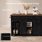 Whisen 58 Îlot de cuisine avec rangement, porte coulissante de style grange et porte latérale en grille métallique, étagère à épices