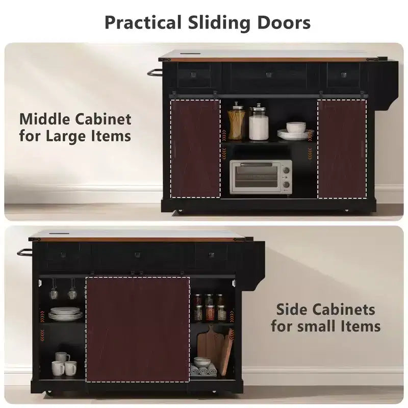 Whisen 58 Îlot de cuisine avec rangement, porte coulissante de style grange et porte latérale en grille métallique, étagère à épices