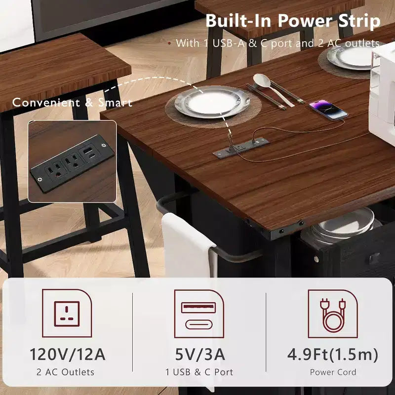 Whisen 58 Îlot de cuisine avec rangement, porte coulissante de style grange et porte latérale en grille métallique, étagère à épices