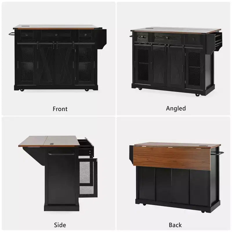 Whisen 58 Îlot de cuisine avec rangement, porte coulissante de style grange et porte latérale en grille métallique, étagère à épices